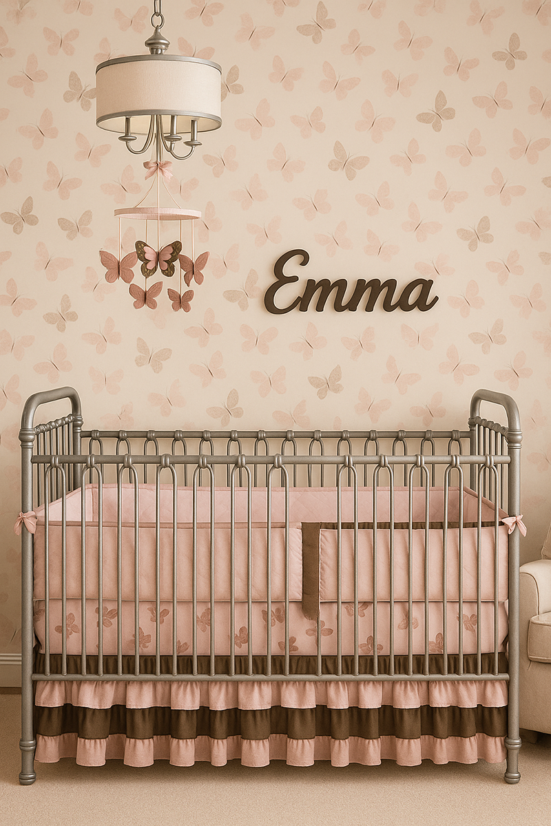 Elegant pink and brown butterfly nursery with a pewter metallic crib, butterfly mobile, and soft pink butterfly wallpaper featuring the baby’s name on the wall in dark brown script