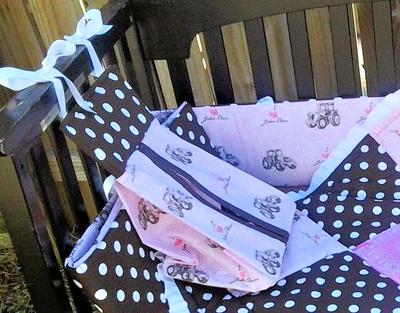 Pink and Chocolate Brown Baby John Deere Nursery Crib Bedding Set with Polka Dots Patchwork Quilt