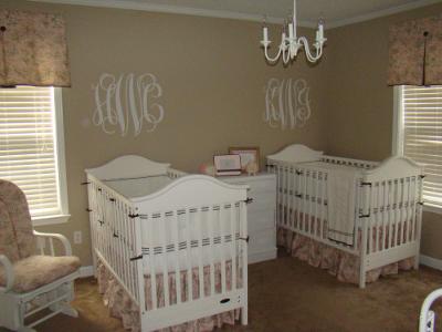 An Elegant Twin Walk In The Park Pink and Brown Toile Baby Girl Nursery Design