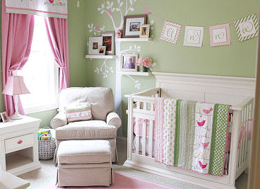 Mint green and pink baby bird theme nursery room for a girl