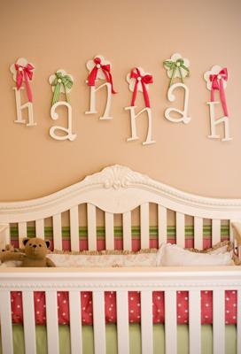 Custom Wall Letters and Crib in our Perfect Pink and Green Nursery for my Baby Princess