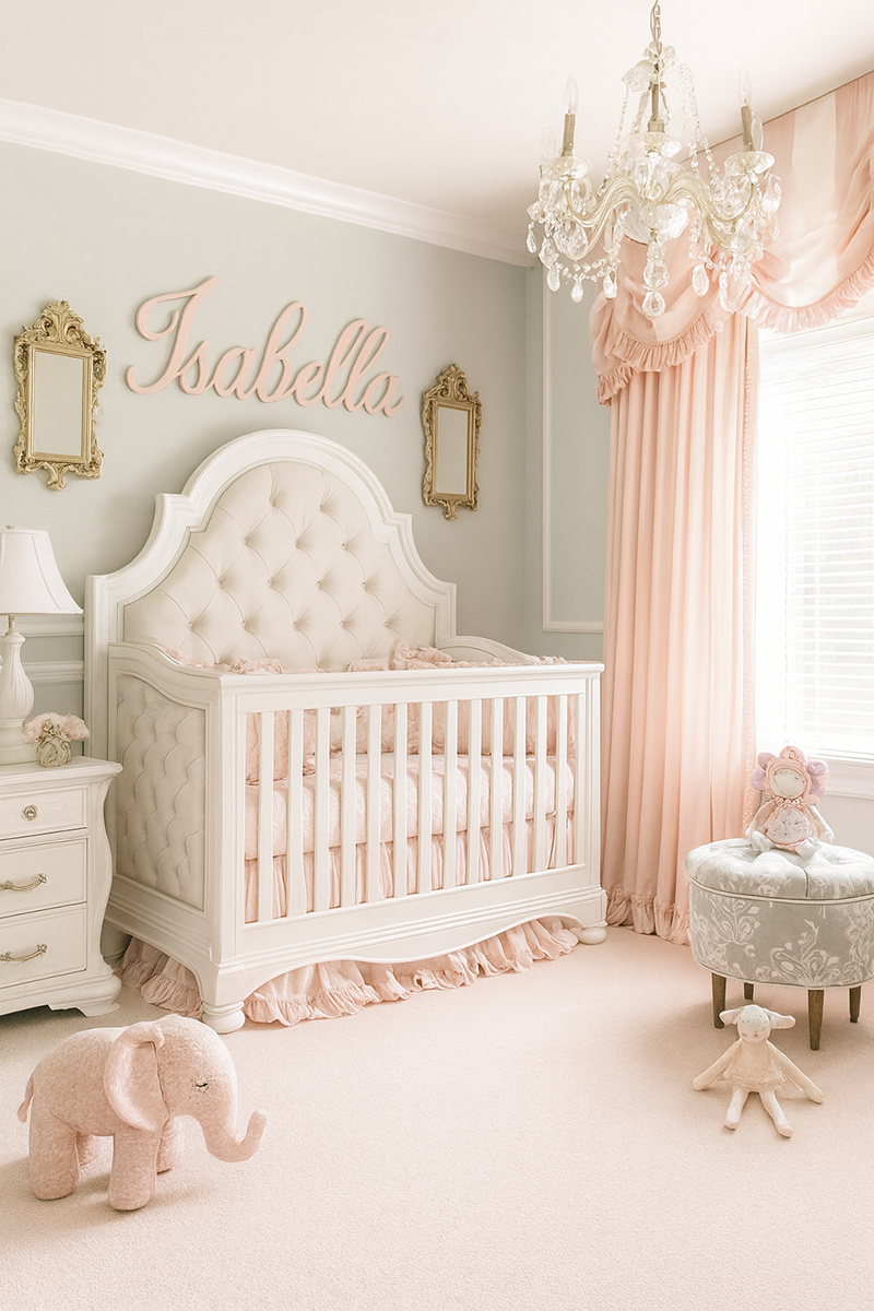 Pink and gray nursery with dark charcoal gray walls and elegant crib bedding
