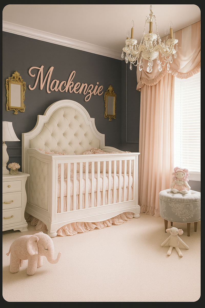 pink and grey baby nursery with dark charcoal grey walls and elegant feminine décor