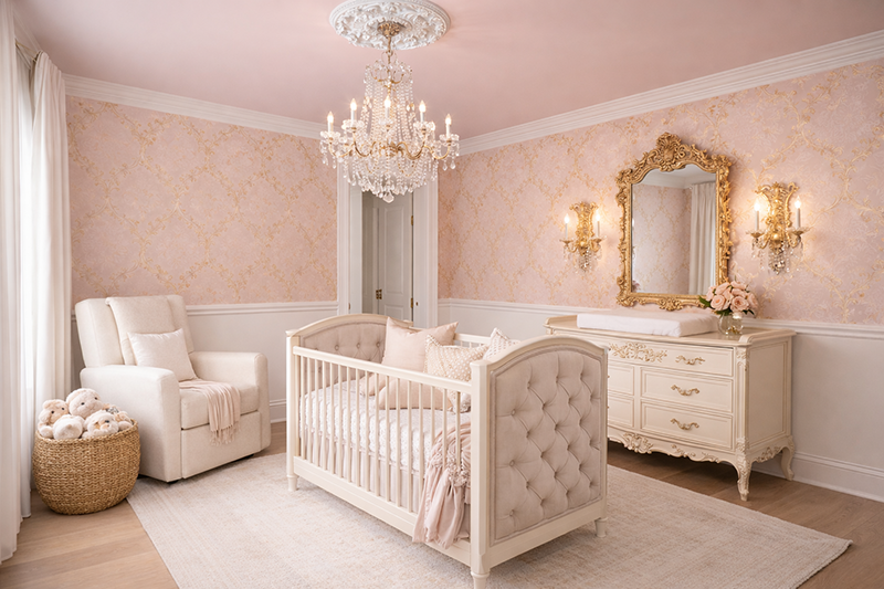 Pink and Grey Baby Girl Crib Bedding for a Princess