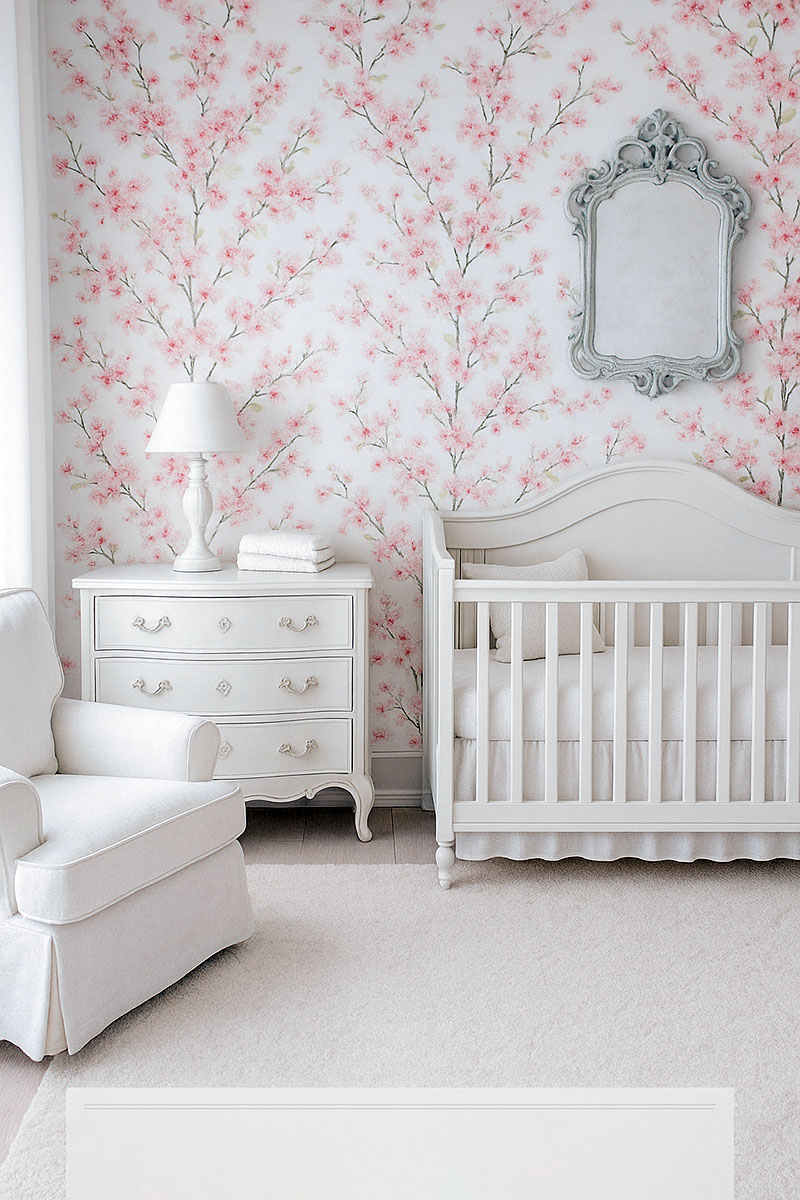 Pink and white cherry blossom baby girl nursery with white crib and dresser
