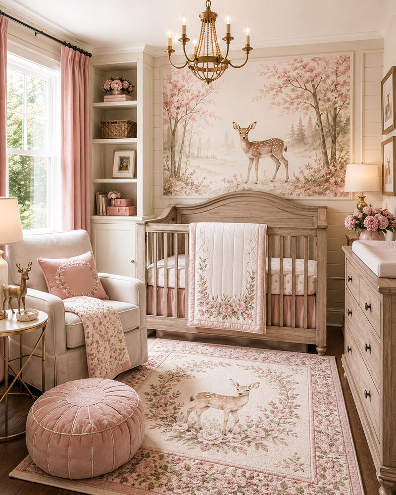 pink deer nursery with modern crib woodland artwork and blush nursery decor