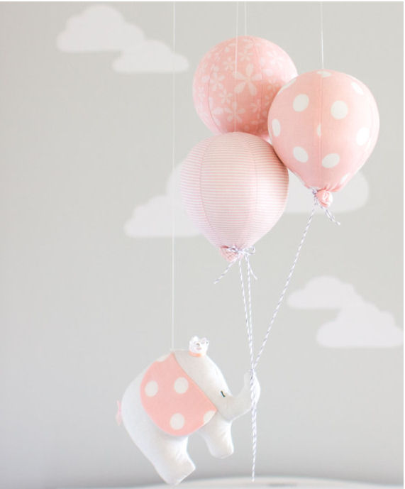 Pink and grey elephant baby mobile with hot air balloons