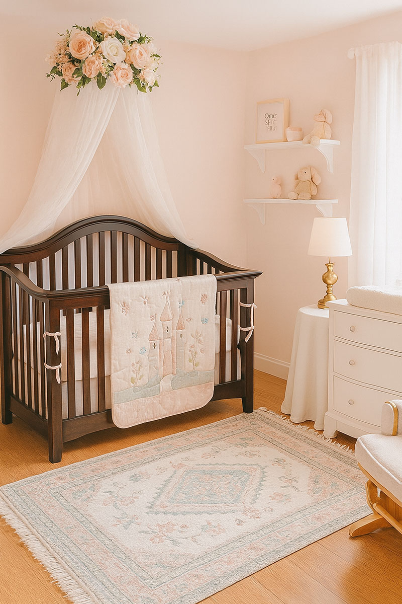 Updated pink floral baby girl nursery with dark wood crib and soft pastel decor