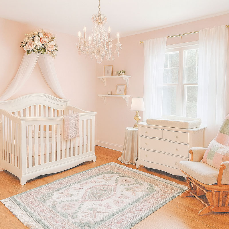 Elegant pink floral baby girl nursery with white crib and chandelier lighting