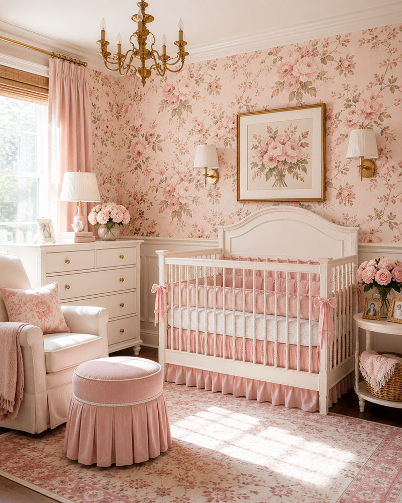 Pink floral wallpaper behind white crib in professionally decorated nursery