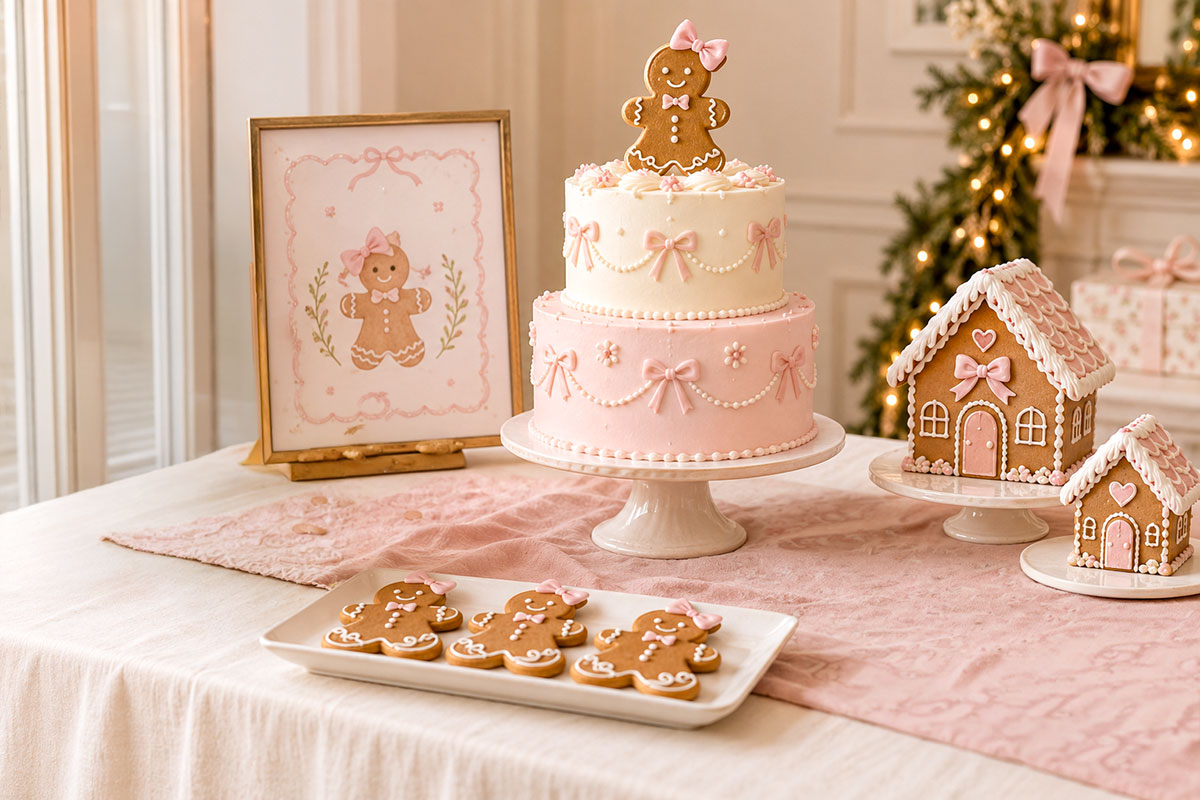 Elegant pink gingerbread girl baby shower dessert table with blush bows, cream linens, decorated gingerbread girl cookies and a coordinating pink and ivory cake