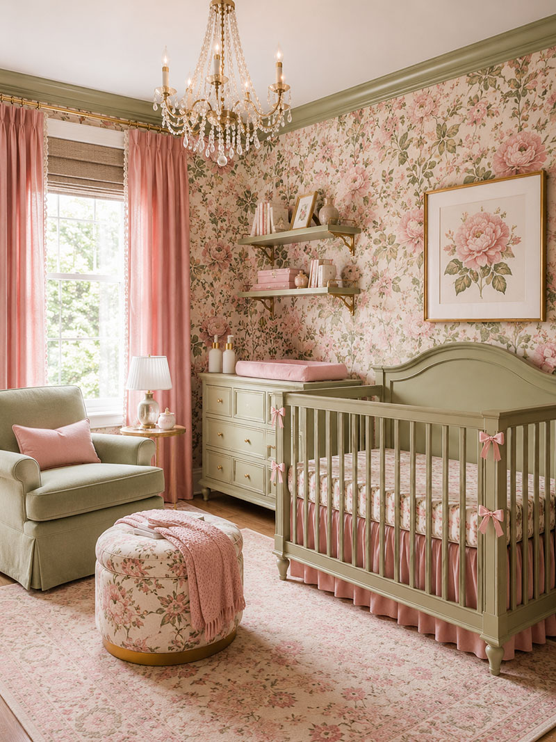 Pink and green nursery with botanical wallpaper, white crib and blush accents