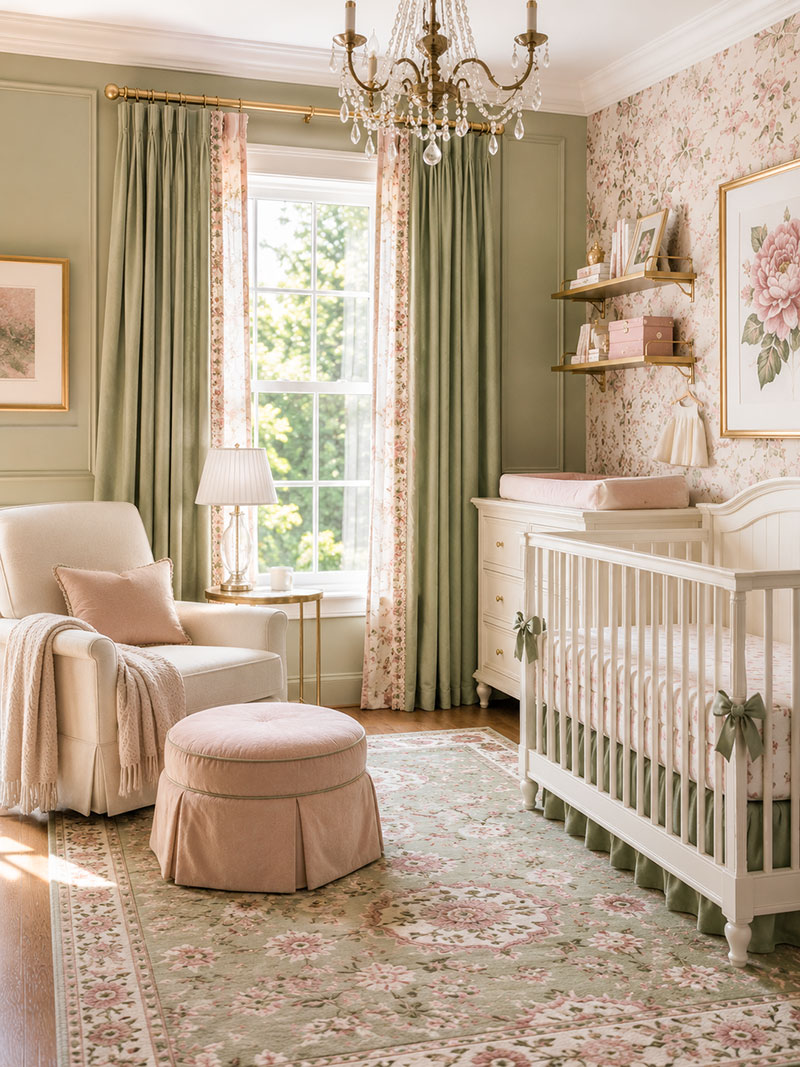 Pink and green nursery with sage curtains framing white windows beside a crib
