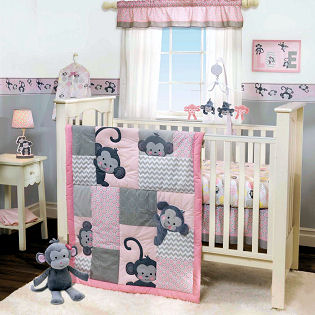 Pink monkey baby crib bedding set for a baby girl nursery theme ideas