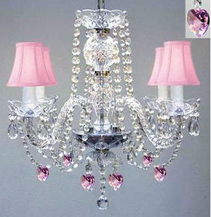 Pink crystal baby girl nursery ceiling chandelier with pink mini shades crystal hearts and beads