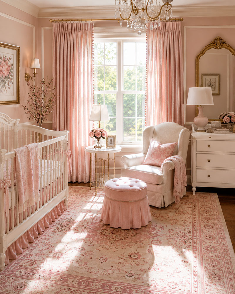 Pink nursery with patterned rug, elegant curtains, white crib and coordinated decor
