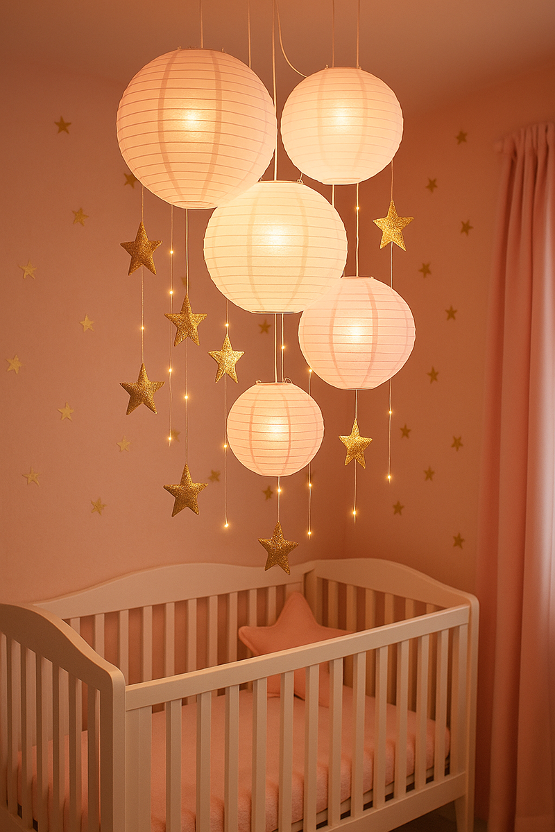 Soft pink nursery with sparkling hanging lanterns and gold star accents glowing over a baby crib