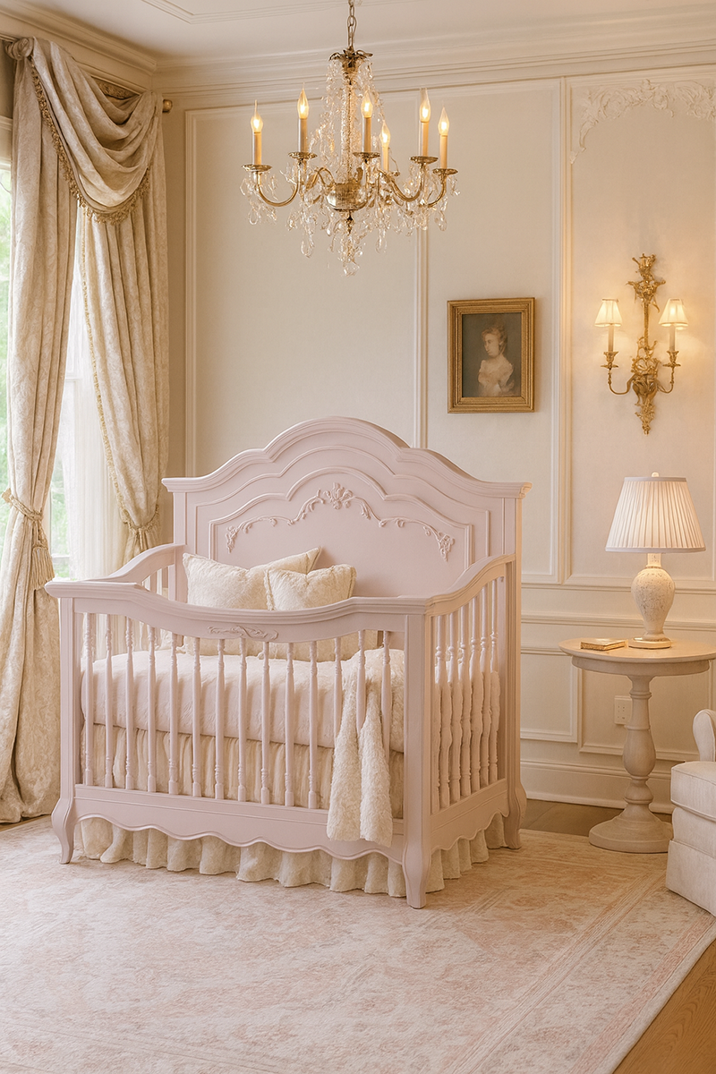 Pink princess crib dressed with plush ivory pillows and a soft embroidered throw in an ornate nursery