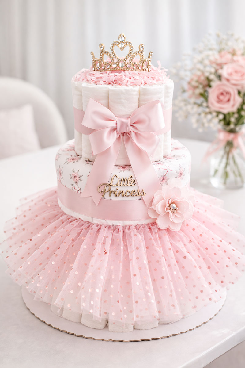 pink princess crown tutu diaper cake baby shower centerpiece idea