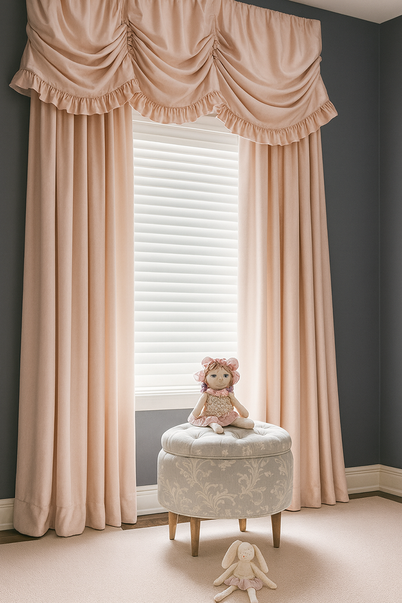 pink and white striped nursery curtains with a gathered valance