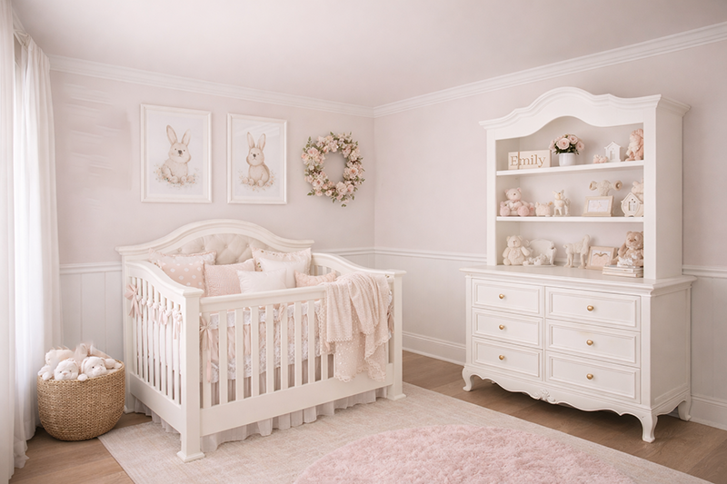 Pink white and grey princess baby girl nursery design