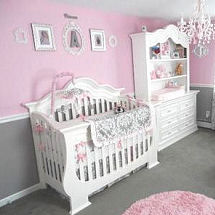 Elegant pink white and grey damask baby crib bedding set for a baby girl nursery room