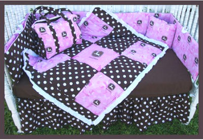 Pink and brown polka dots John Deere baby bedding set with bumper crib quilt skirt and nursery decor