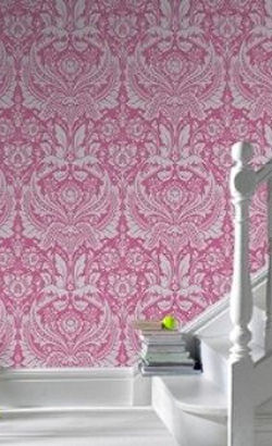 Elegant damask pattern pink and silver wallpaper rolls for a baby girl nursery or big girl room