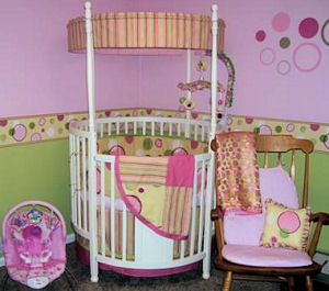 Yellow, Pink and Lime Green Baby Girl Nursery with Round Crib Bedding