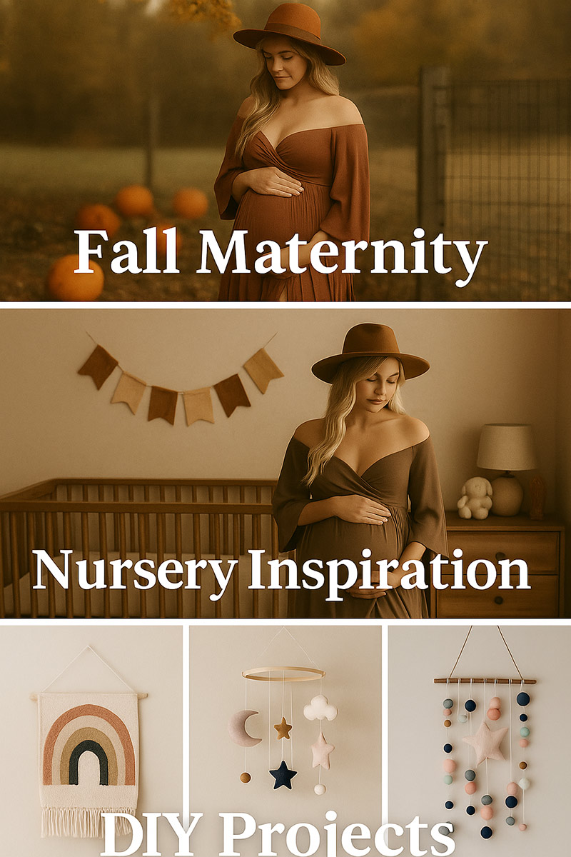 Pinterest collage showing Fall Maternity ideas, Nursery Inspiration, and DIY Baby Projects for creative parents