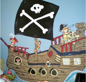 Monkey pirate ship wall mural with Jolly Roger flag painting