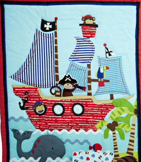 Pirate treasure island appliqued baby crib quilt and wall decor