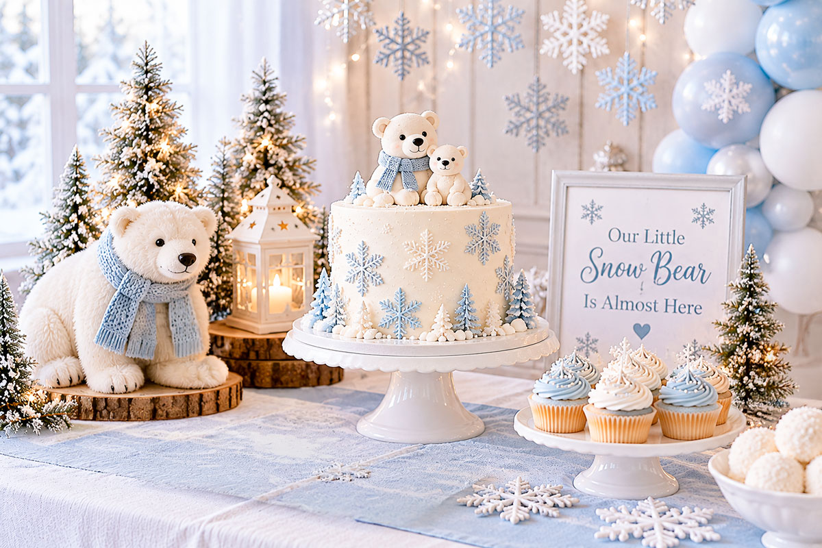 Polar bear winter baby shower dessert table with a white polar bear cake icy blue accents silver snowflakes and soft white decorations
