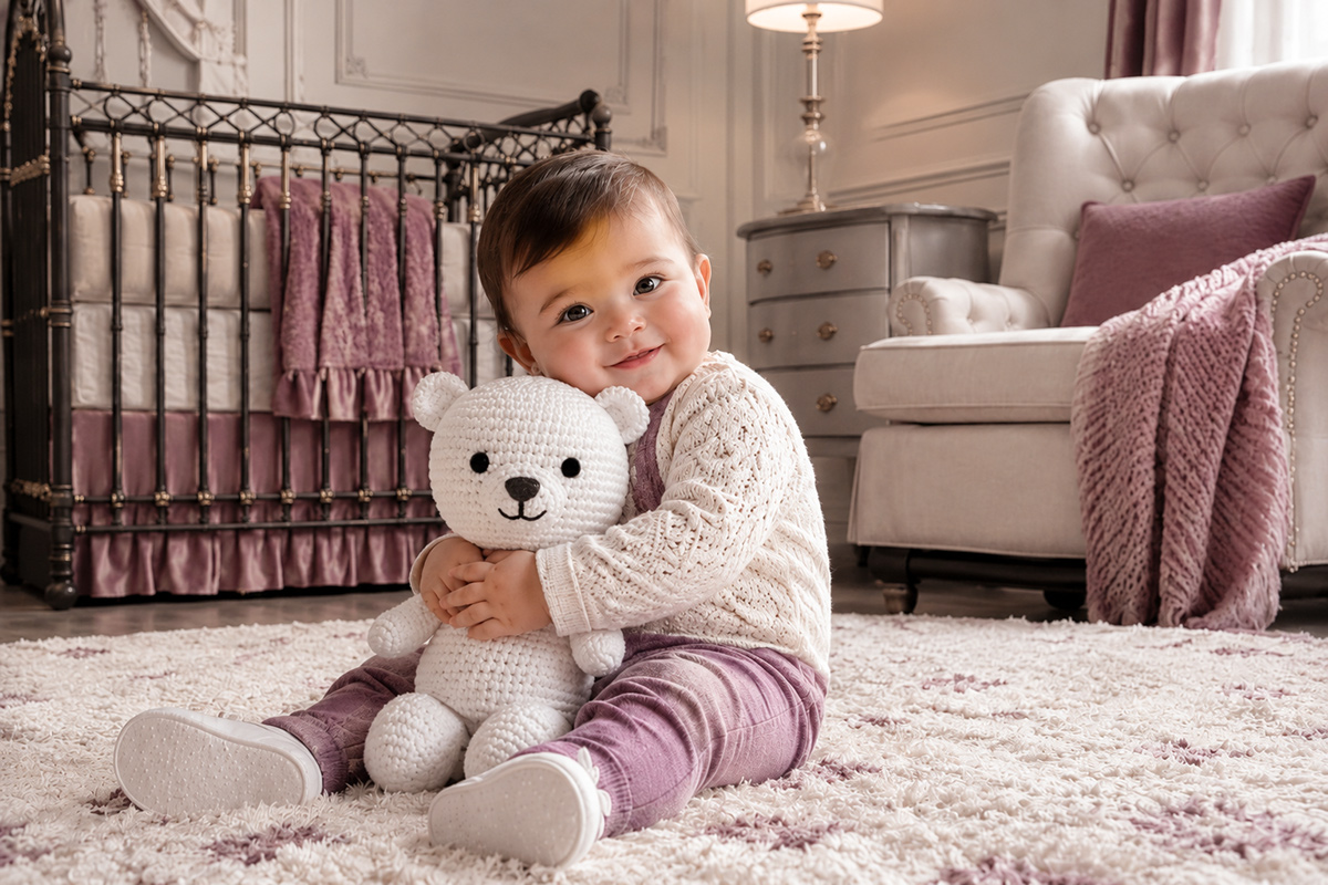 Finished white crochet polar bear with rounded head body arms legs and embroidered face