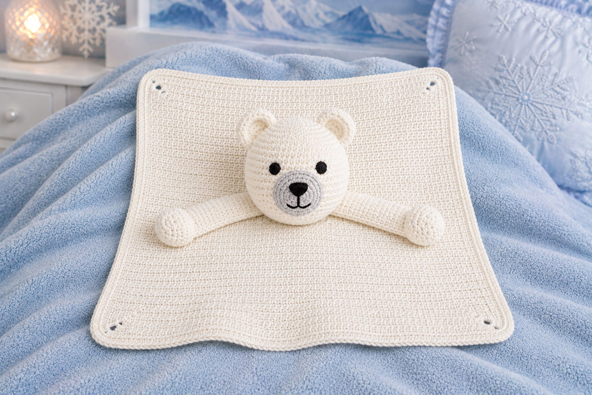 Finished polar bear crochet lovey laid flat showing the bear head and two arms securely attached to the center of the square blanket