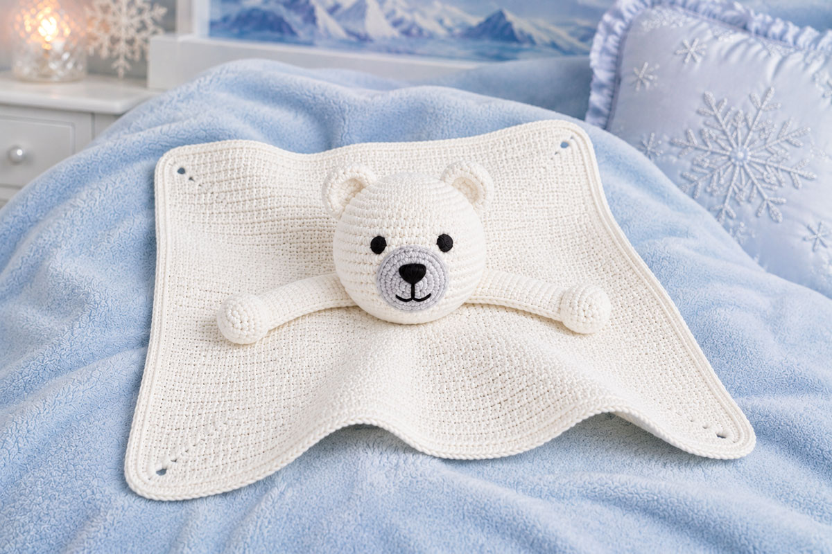 Polar bear crochet lovey head showing gray muzzle, embroidered black facial features and rounded ear placement