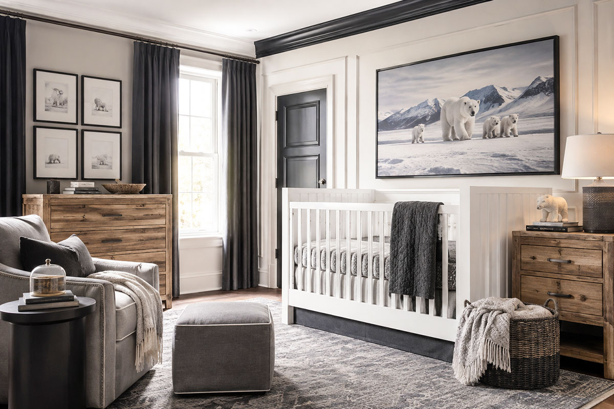 Elegant polar bear nursery with large framed bear artwork white crib charcoal accents natural wood furniture and layered gray textiles