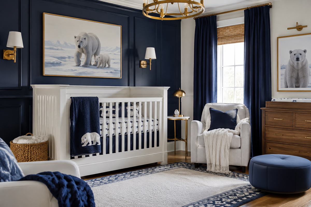 Cozy polar bear nursery with navy blue walls natural wood furniture white crib and polar bear wall art