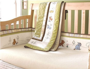 Classic sage green and antique white Winnie the Pooh baby nursery crib bedding set with embroidered and applique characters