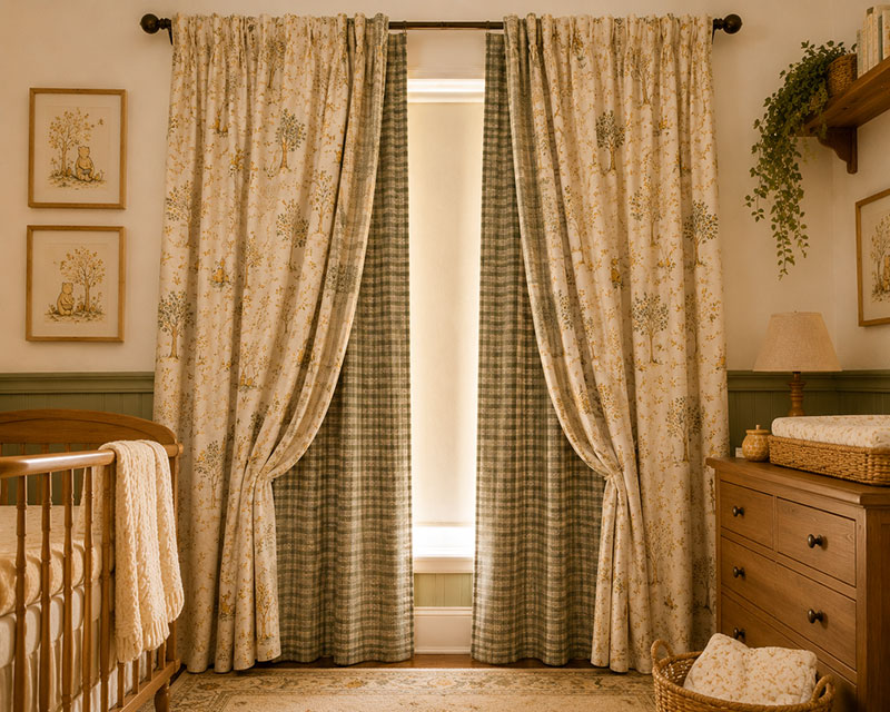 Layered blackout curtains behind honeybee curtain panels in a Classic Pooh nursery