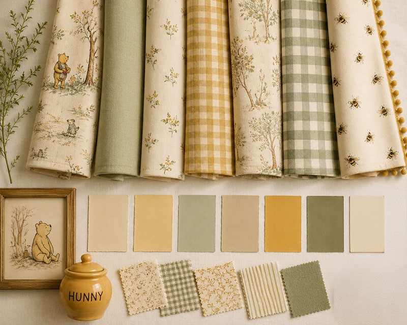 Classic Pooh nursery curtain color palette with honey yellow, sage green, ivory and gingham fabrics