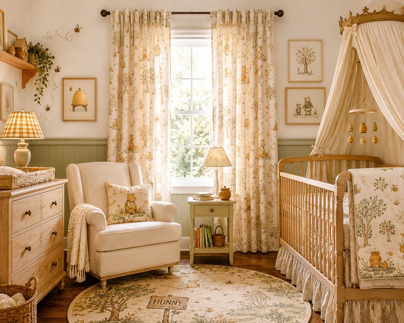 Winnie the Pooh-inspired nursery curtains with honeybee fabric and soft yellow storybook nursery decor