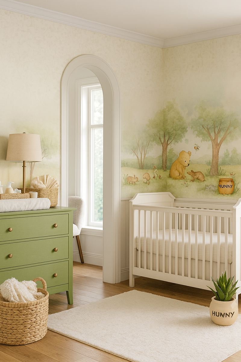 A Winnie the Pooh baby nursery in a sage green and vintage white theme with toile wallpaper