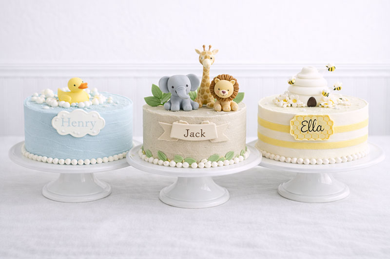 Popular baby shower cake themes including duck safari and bee styles