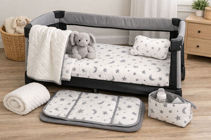 Portable crib bedding set with fitted sheet designed for a travel crib