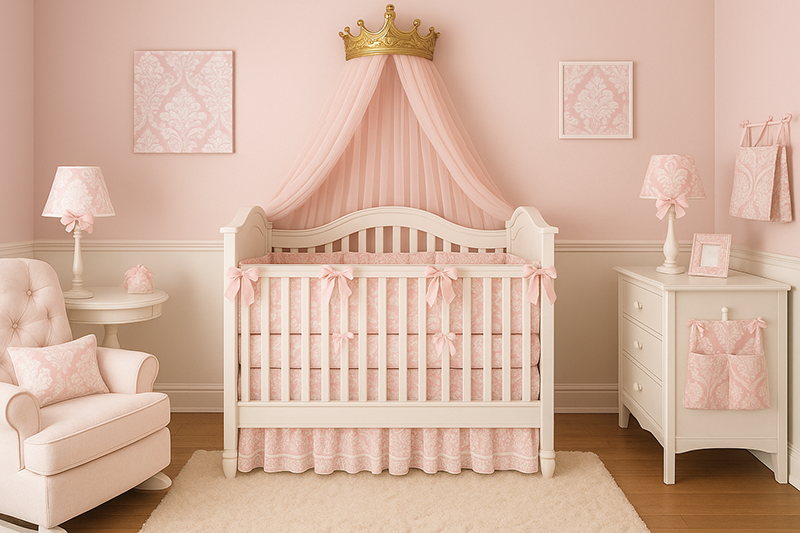 Posh princess baby nursery in blush pink with white furniture and damask fabrics