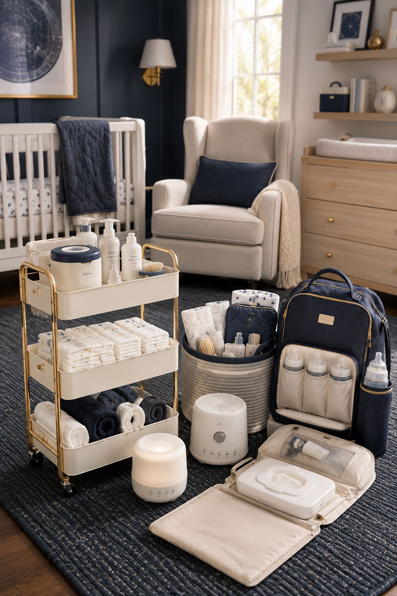 practical baby gift ideas arranged inside a modern nursery