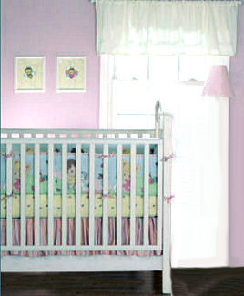 A Precious Moments Nursery Theme decorated in shades of pink and yellow for a baby girl with crib bedding and sheer curtain panels.