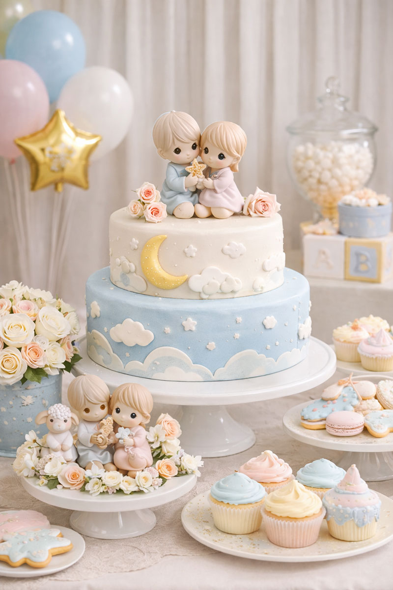 Precious Moments baby shower theme with soft pastel decorations and vintage-inspired table styling