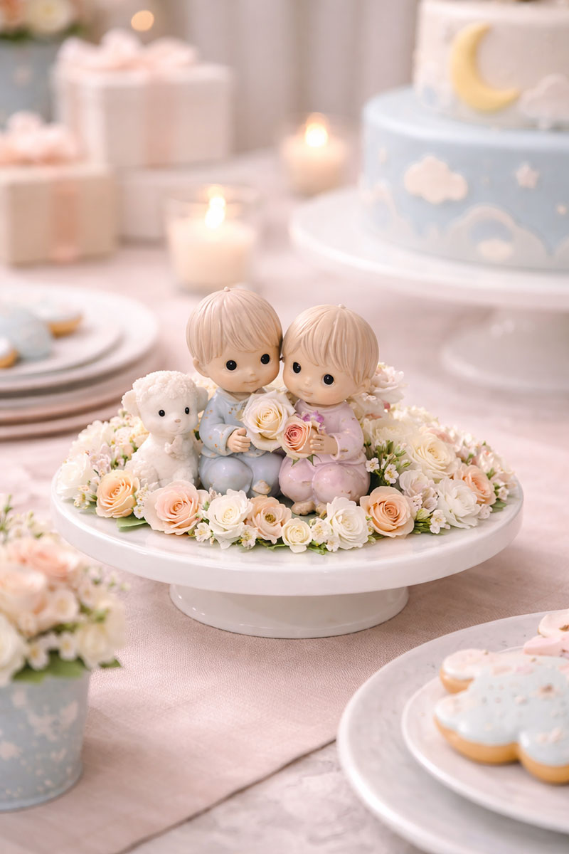 Precious Moments figurine centerpiece on cake stand with simple pastel styling